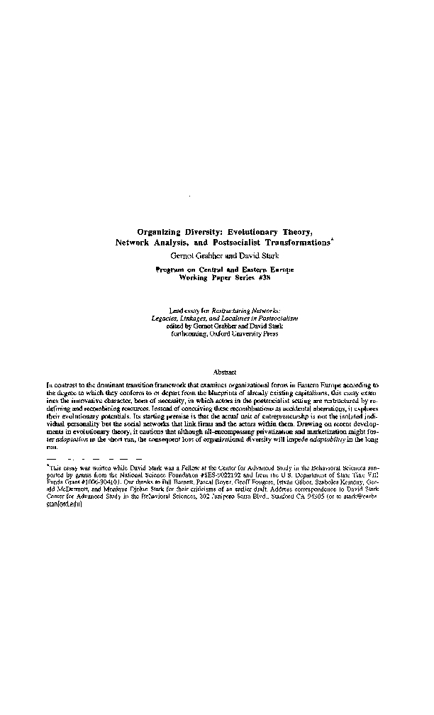 Organizing Diversity: Evolutionary Theory, Network Analysis, & Postsocialist Transformations