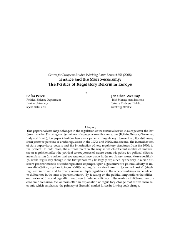 Finance and the Macro-economy: The Politics of Regulatory Reform in Europe