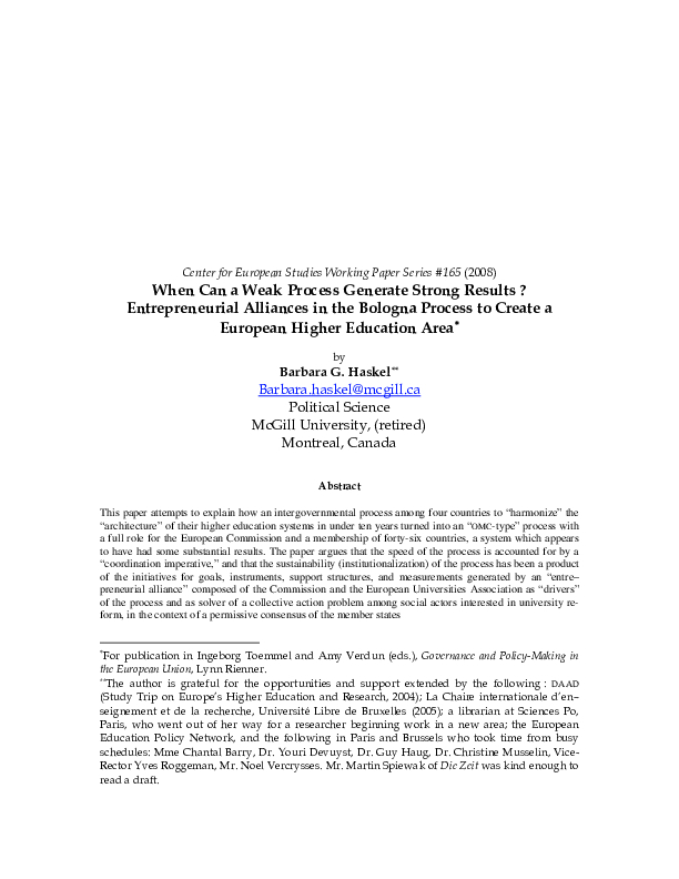 When Can a Weak Process Generate Strong Results ? Entrepreneurial Alliances in the Bologna Process to Create a European Higher Education Area