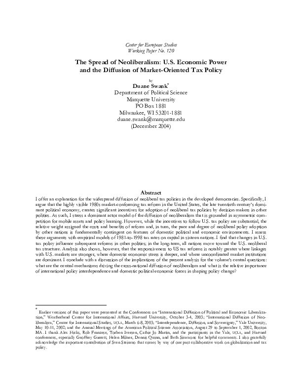 The Spread of Neoliberalism: U.S. Economic Power and the Diffusion of Market-Oriented Tax Policy