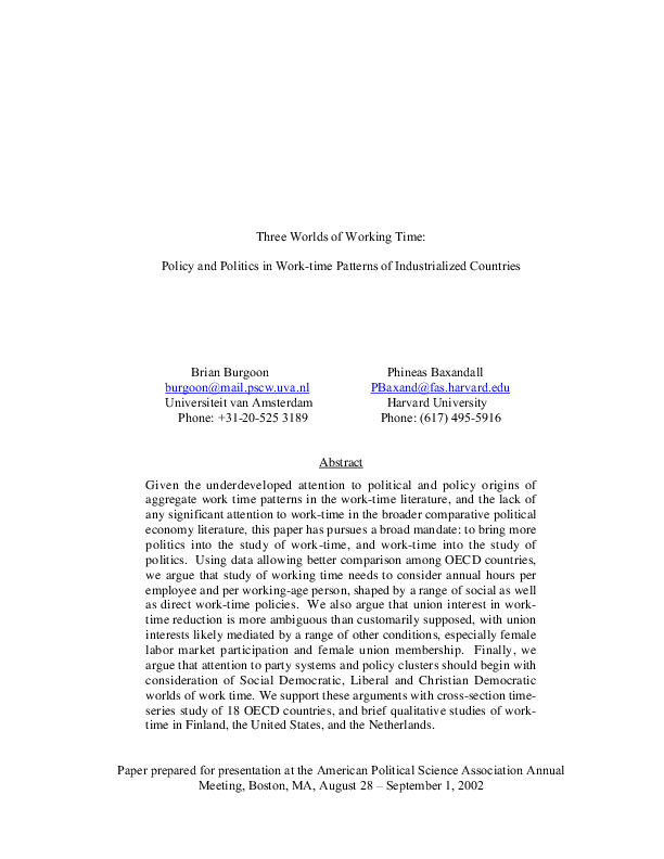 Three Worlds of Working Time: Policy and Politics in Work-time Patterns of Industrialized Countries