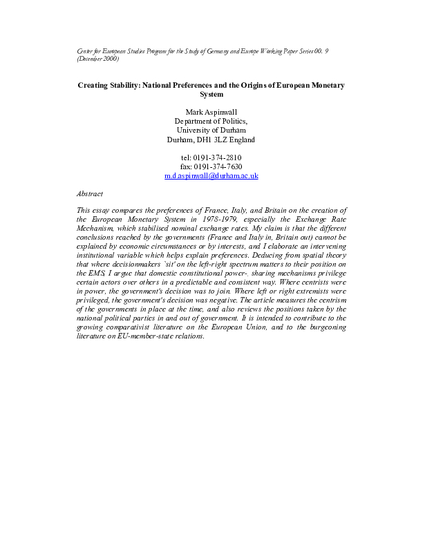 Creating Stability: National Preferences and the Origins of European Monetary System
