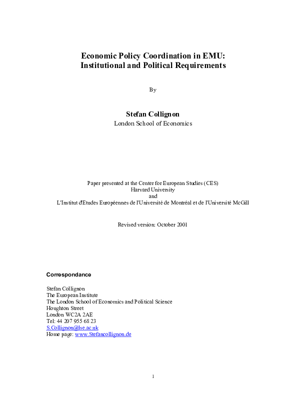 Economic Policy Coordination in EMU: Institutional and Political Requirements
